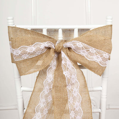 Natural Burlap Lace Chair Sash Hessian Jute 5"x108" - Rustic Decorative Bow for Events