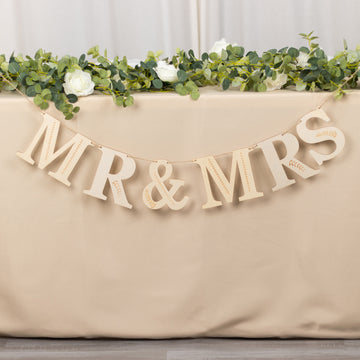 10ft Natural Pre-Strung Mr & Mrs Wooden Letter Garland with Botanical Design, Handmade Rustic Wedding Anniversary Banner