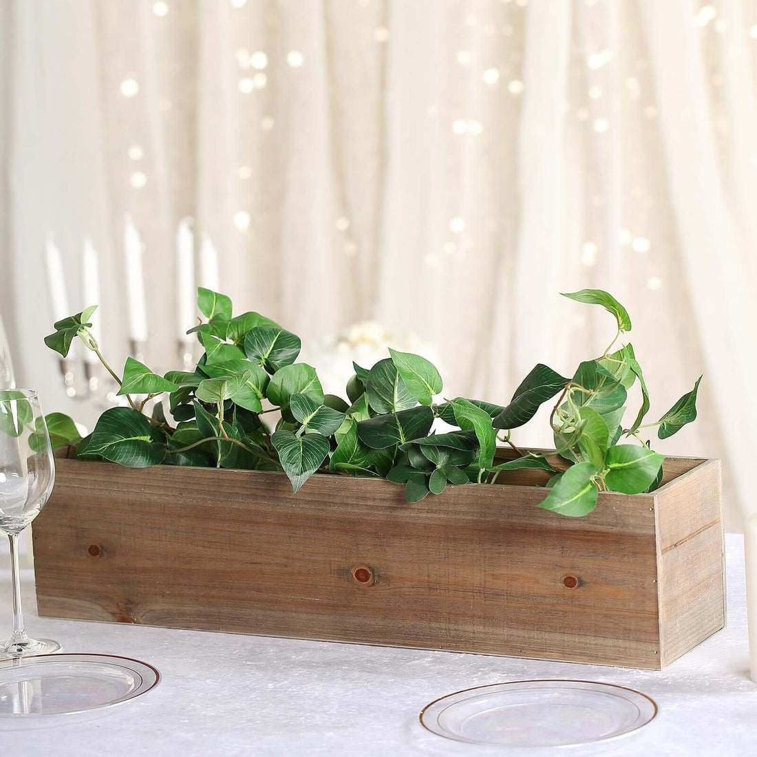 Wooden planter box with lush green ivy plants