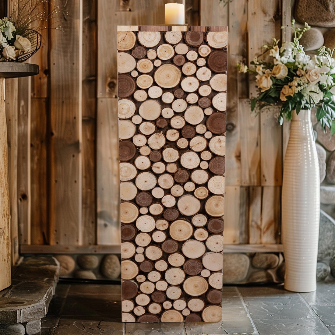 Wooden log-style candle holder with natural texture and design.