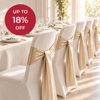 Bulk deals: up to 18% off, white chair covers with champagne sashes