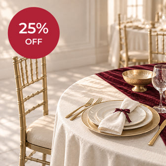 Clearance: 25% off, gold chiavari chair and burgundy table setting