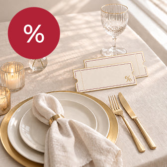 Coupons and promo codes: extra savings at checkout, plated table setting with gold cutlery