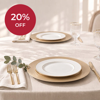 Overstock: 20% off, gold charger plates and white dinnerware