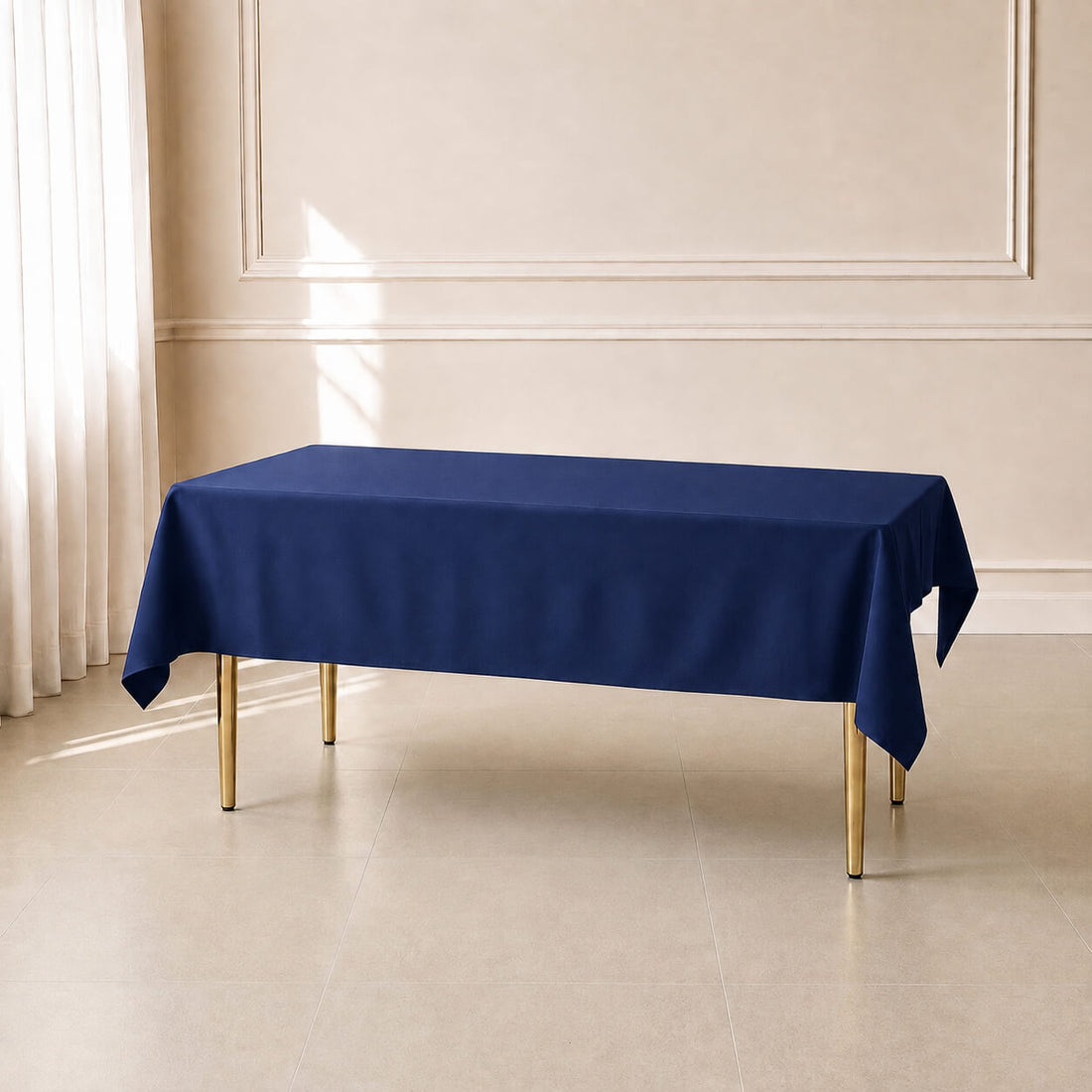 Navy blue wrinkle-resistant polyester tablecloth for events, 60"×84".