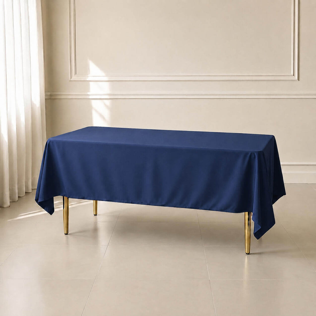 navy blue wrinkle-resistant tablecloth on dining table