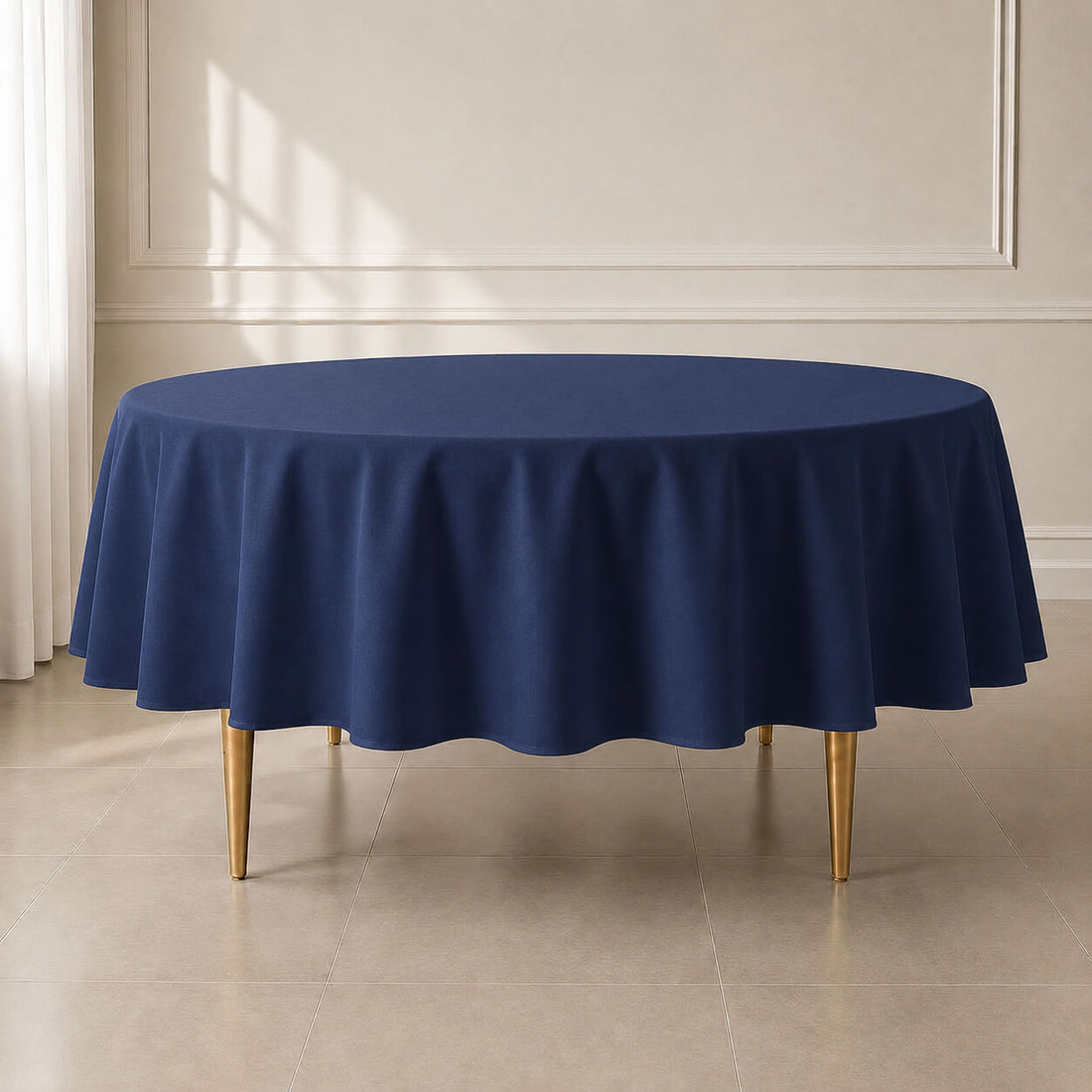 Navy blue polyester round tablecloth for elegant dining occasions.