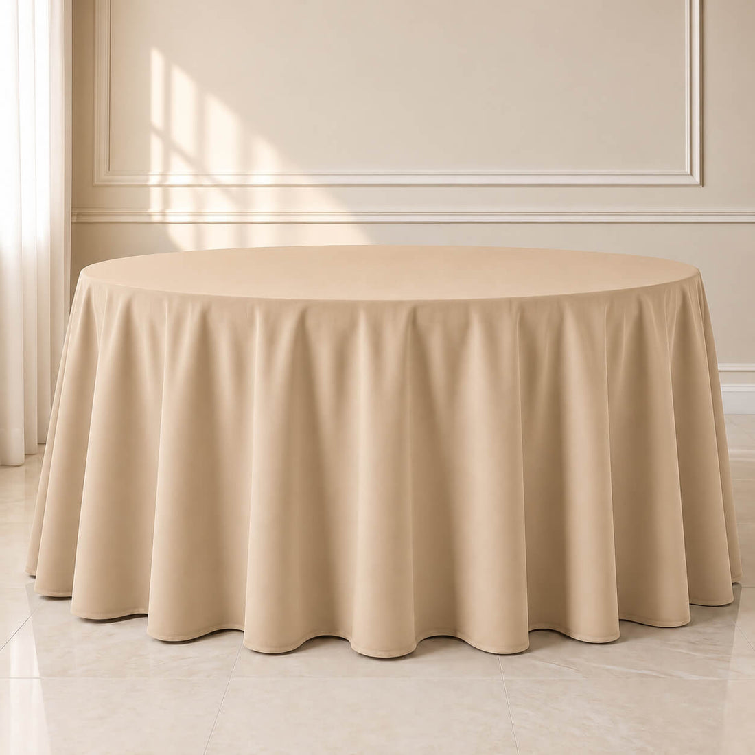 nude seamless round tablecloth on a dining table