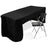 Black tablecloth draped over a table with a folding chair beside it.
