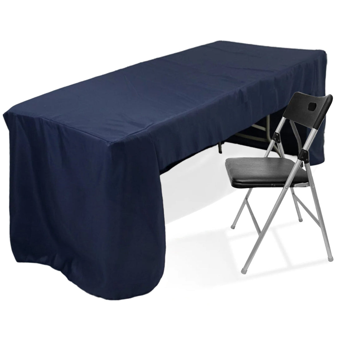Navy tablecloth with folding chair on a plain background 