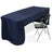 Navy tablecloth with folding chair on a plain background 