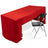 Red tablecloth draped over a folding table with a black chair