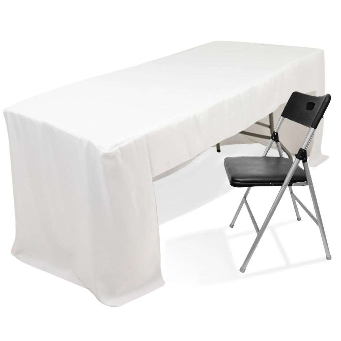 White folding table with a black folding chair