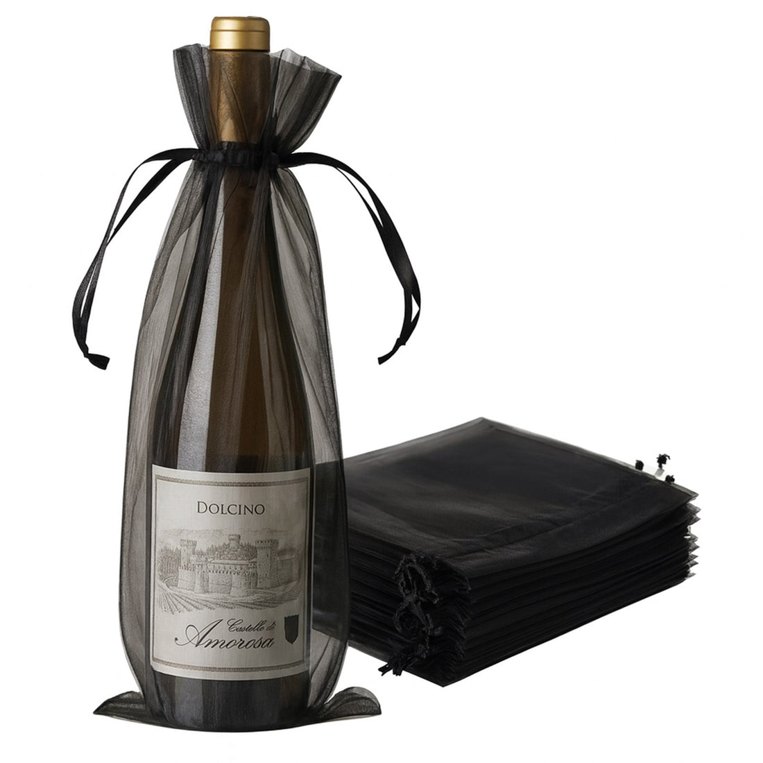 Black organza wine bottle gift bags with drawstring ties for elegant presentation.