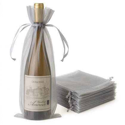 100 Pack Silver Organza Wine Bags with Drawstring, 6" x 15" – Wedding Party Favor & Bottle Gift Bags
