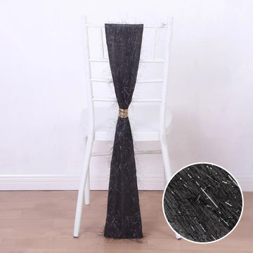 5 Pack Black Metallic Fringe Shag Tinsel Chair Sashes, Shimmery Polyester Chair Sashes - 6"x108"