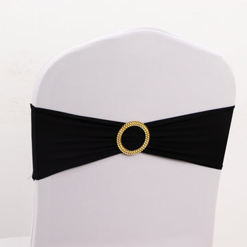 5 Pack Black Spandex Chair Sashes with Gold Rhinestone Buckles, Elegant Stretch Chair Bands and Slide On Brooch Set 5"x14"