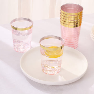 25 Pack Transparent Blush Crystal Plastic Tumbler Drink Glasses With Gold Rim, Disposable Party Cups 10oz