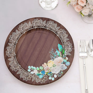 25 Pack Brown Rustic Wood Print 13" Paper Charger Plates With Floral Lace Rim, Round Disposable Serving Plates