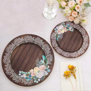 25 Pack Brown Rustic Wood Print Paper Dinner Plates With Floral Lace Rim, Round Disposable Party Plates 10"