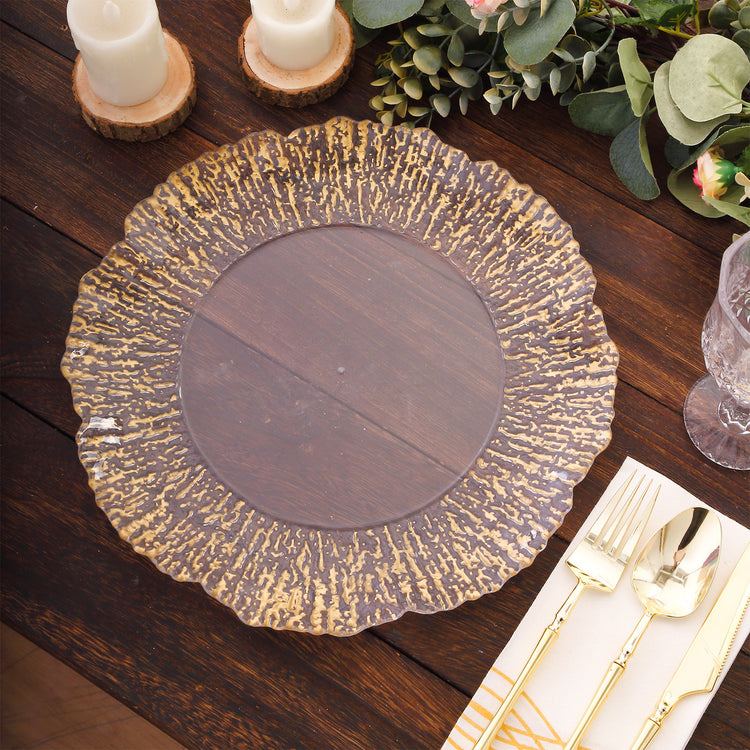 6 Pack Clear Plastic Charger Plates With Gold Reef Rim, 12inch Round Scalloped Serving Plate