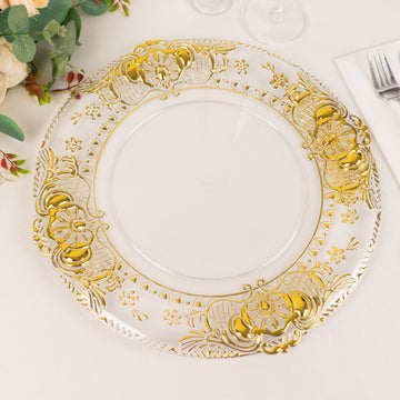 6 Pack Clear Plastic Dinner Charger Plates With Gold Florentine Style Embossed Rim, Round Decorative Serving Trays - 13"