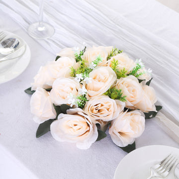 2 Pack Cream Artificial Flower Ball Bouquets For Centerpieces 15-Head Silk Rose Kissing Balls 10"