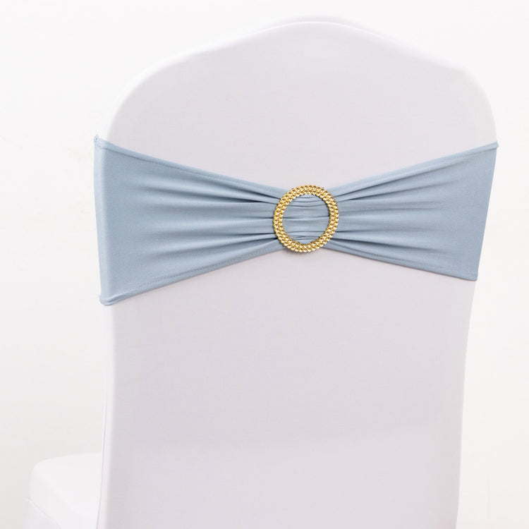 5 Pack Dusty Blue Spandex Chair Sashes with Gold Rhinestone Buckles, Elegant Stretch Chair Bands