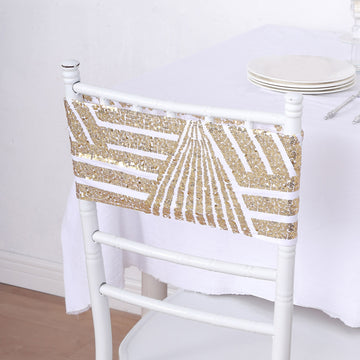 5 Pack Gold Diamond Glitz Sequin White Spandex Chair Sash Bands, Sparkly Geometric Stretchable Chair Sashes