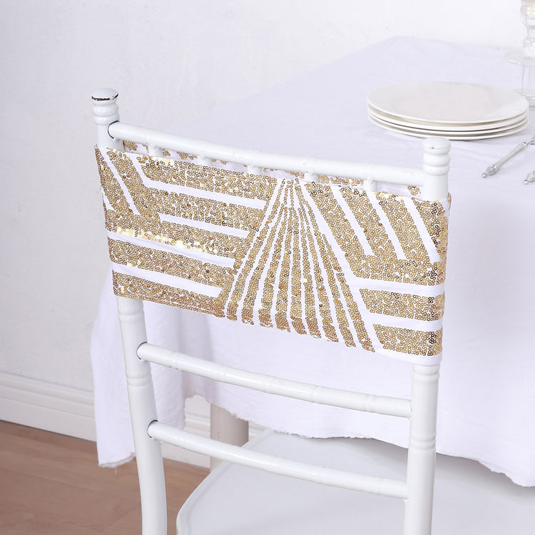 5 Pack Gold Diamond Glitz Sequin White Spandex Chair Sash Bands, Sparkly Geometric Stretchable Chair