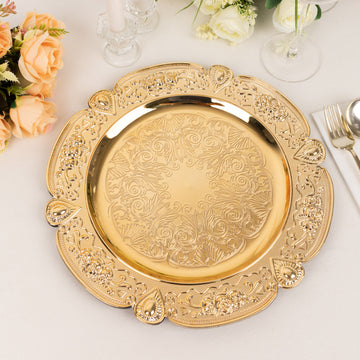 6 Pack Gold Floral Embossed Acrylic Charger Plates With Scalloped Rim, 13" Round Plastic Decorative Serving Plates