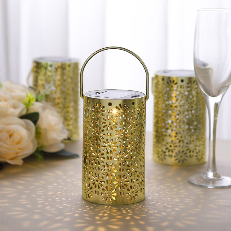 3 Pack Gold Flower Design Hanging LED Lantern Lights, Battery Operated Decorative Garden Lanterns