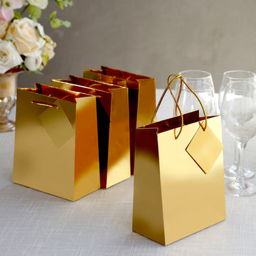 12 Pack Gold Foil Paper Gift Bags with Handles For Party Favors, Shiny Metallic Euro Tote Bags 7"