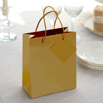 12 Pack Gold Foil Paper Gift Bags with Handles For Party Favors, Shiny Metallic Euro Tote Bags - 7"