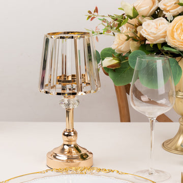 2 Pack Gold Metal Pillar Votive Candle Holders With Crystal Lamp Shade, Candlestick Stand for Table Centerpieces 11"