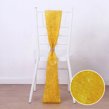 5 Pack Gold Metallic Fringe Shag Tinsel Chair Sashes, Shimmery Polyester Chair Sashes 6"x108"