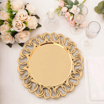 6 Pack Gold Plastic Charger Plates With Entwined Swirl Rim, Round Disposable Serving Plates 13" Round Disposable Serving Plates