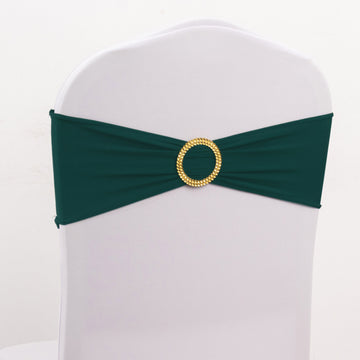 5 Pack Hunter Emerald Green Spandex Chair Sashes with Gold Rhinestone Buckles, Elegant Stretch Chair Bands and Slide On Brooch Set 5"x14"