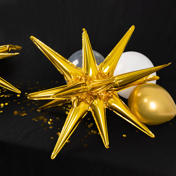 5 Pack Large Metallic Gold 14-Point Star Explosion Foil Balloons, 27" Fireworks Starburst Shaped Mylar Party Balloons