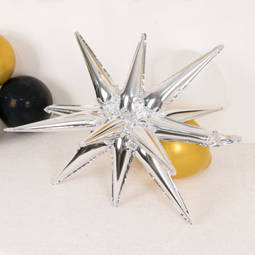 5 Pack Large Metallic Silver 14-Point Star Explosion Foil Balloons, Fireworks Starburst Shaped Mylar Party Balloons 27"