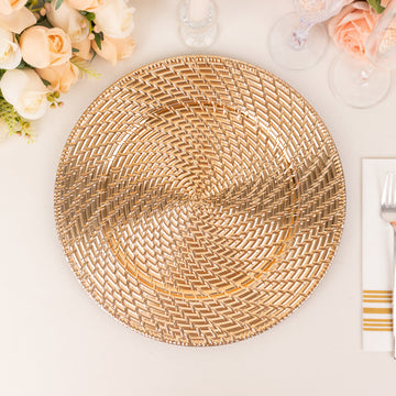 6 Pack Metallic Gold Swirl Rattan Acrylic Charger Plates, Farmhouse Plastic Serving Plates 13" Round