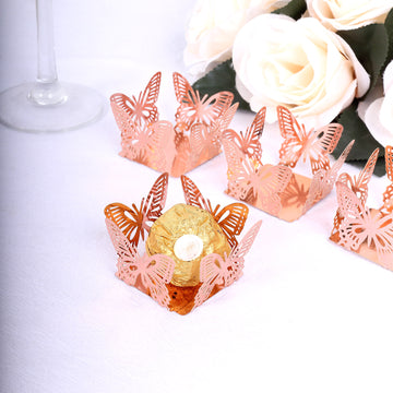 50 Pack Mini Metallic Rose Gold Butterfly Truffle Cup Dessert Liners, Square Cupcake Tray Wrappers 225GSM 4"