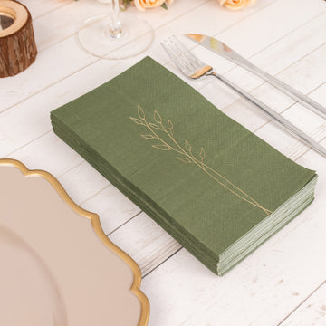 50 Pack Olive Green Soft Paper Dinner Napkins with Gold Embossed Leaf, 2 Ply Wedding Party Napkins 18 GSM
