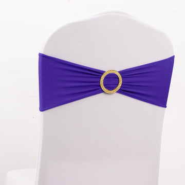 5 Pack Purple Spandex Chair Sashes with Gold Rhinestone Buckles, Elegant Stretch Chair Bands and Slide On Brooch Set 5"x14"
