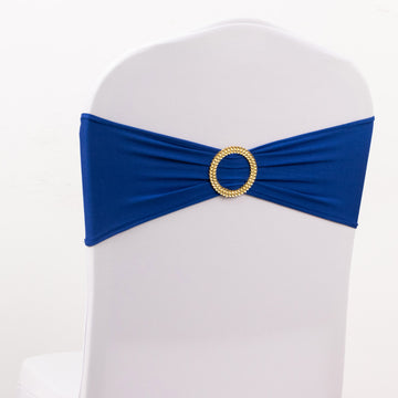 5 Pack Royal Blue Spandex Chair Sashes with Gold Rhinestone Buckles, Elegant Stretch Chair Bands and Slide On Brooch Set 5"x14"