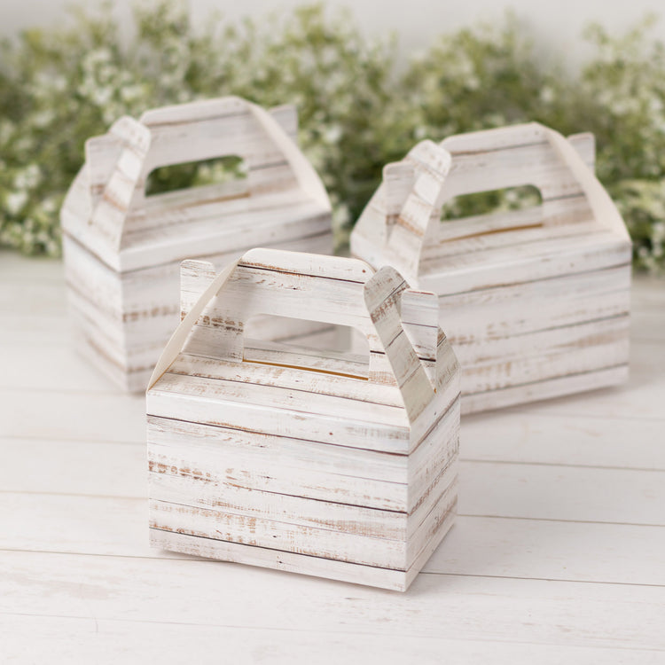 25 Pack Rustic White Party Favor Gift Gable Boxes With Wood Plank Pattern, Candy Tote Boxes