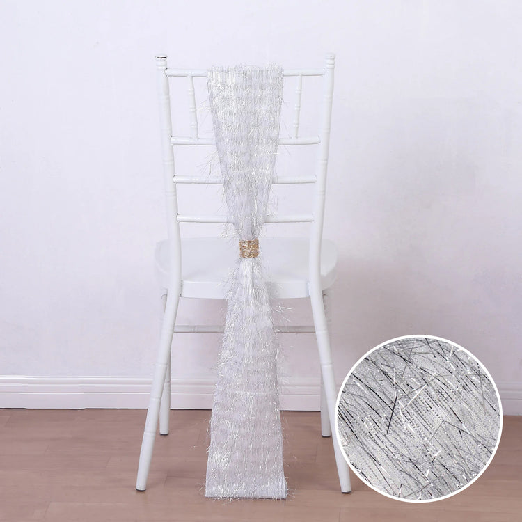 5 Pack Silver Metallic Fringe Shag Tinsel Chair Sashes, Shimmery Polyester Chair Sashes