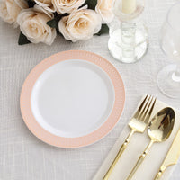 10 Pack White Plastic Dessert Appetizer Plates With Blush Rose Gold Spiral Rim, 7" Round Disposable Salad Plates