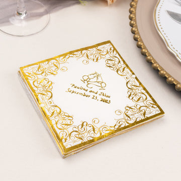 100 Pack White Soft 3 Ply Personalized Paper Cocktail Napkins with Foil Lace Design and Large Emblem