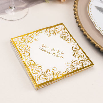 100 Pack White Soft 3 Ply Personalized Paper Cocktail Napkins with Foil Lace Design and Small Emblem